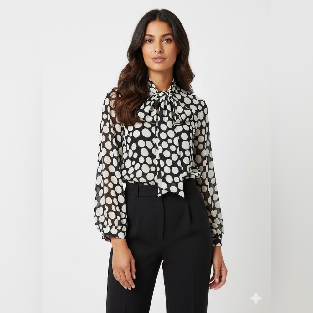 Black & White Polka Dot Tie Neck Blouse Retro Geometric Chiffon Scarf Top Size S